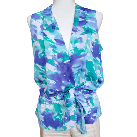 Anne Klein Flowy Fake Wrap Green Blue White Blouse Scooped Waist Women’s Size L - Picture 8 of 12